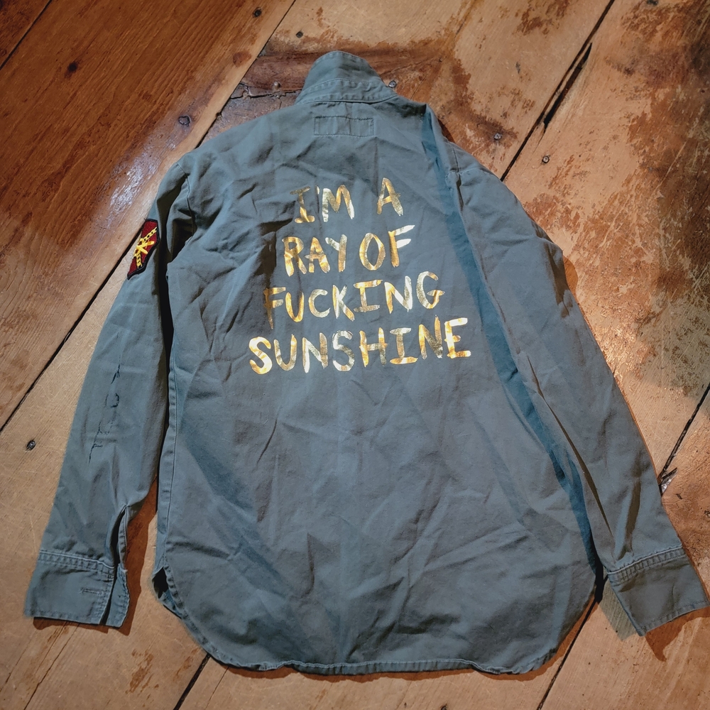 Jac Vanek Army Military Green Jacket Distressed Repurposed Ray Of Effin 🌞 - Picture 4 of 11